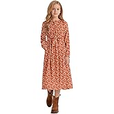 LaBeca Girls Casual Elastic Crew Neck Floral Printed Solid Color A-line Swing High Waist Midi Belted Dress with Pocket