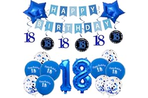 Pargleev 18th Birthday Party Decorations for Boys Girls in Blue Comprise Balloons with Swirl Decorations, A Happy Birthday Banner, A Set of 16-Inch "18" Numbers and Star Foil Balloons in Blue.