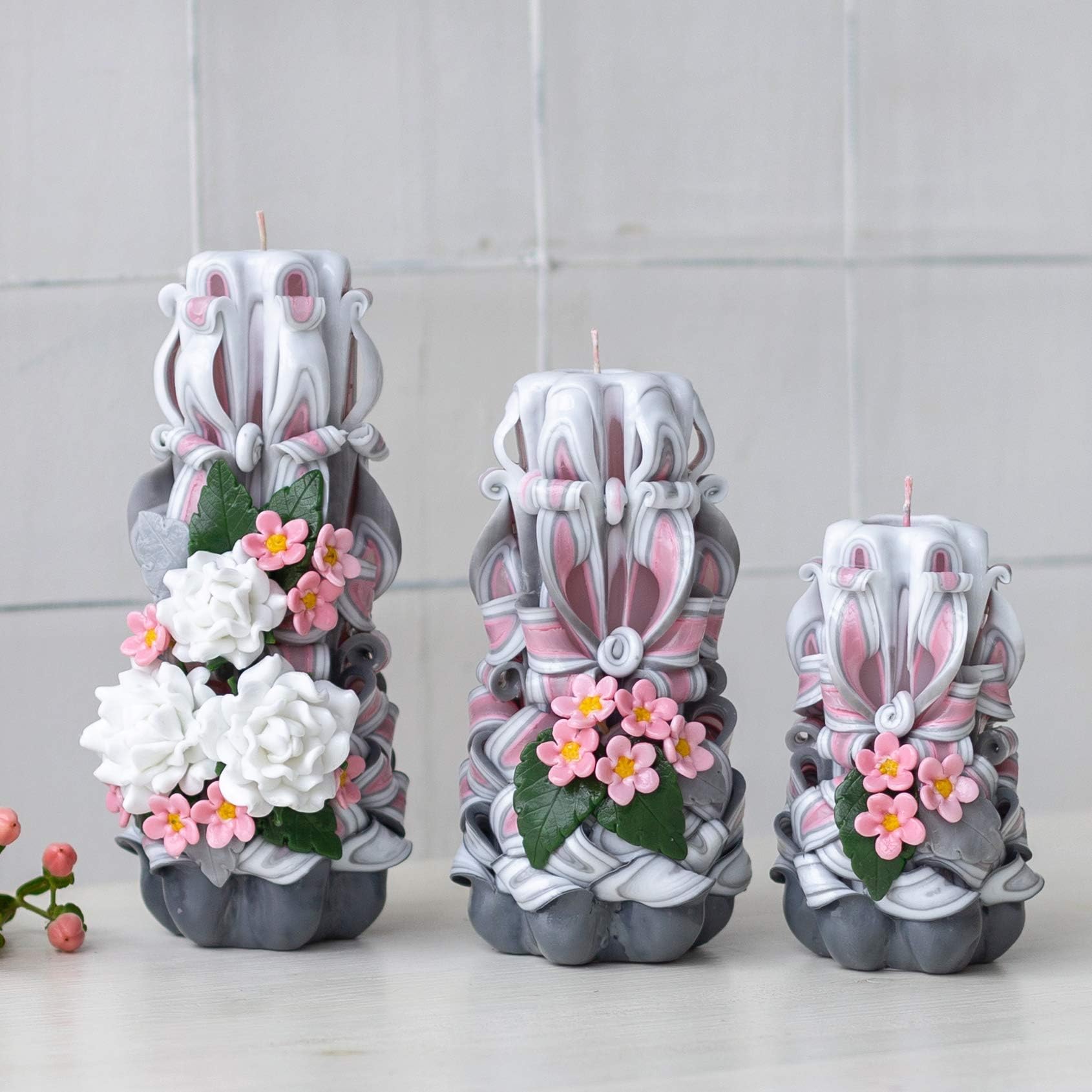 Gray-pink candles with rose flowers and magnolia unscented paraffin candles - decorative candles for a gift to Mom, Girl, Grandmother or Home Decor