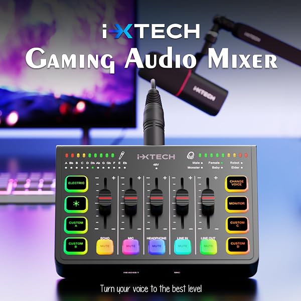 IXTECH GAMING AUDIO MIXER 4 CHANNEL SOUNDBOARD, STREAMING RGB PC AUDIO INTERFACE WITH XLR MICROPHONE SUPPORT, AUDIO EQUALIZER FOR GAMING PODCAST STREAMING KARAOKE, INDIVIDUAL VOLUME CONTROLS (BLACK)