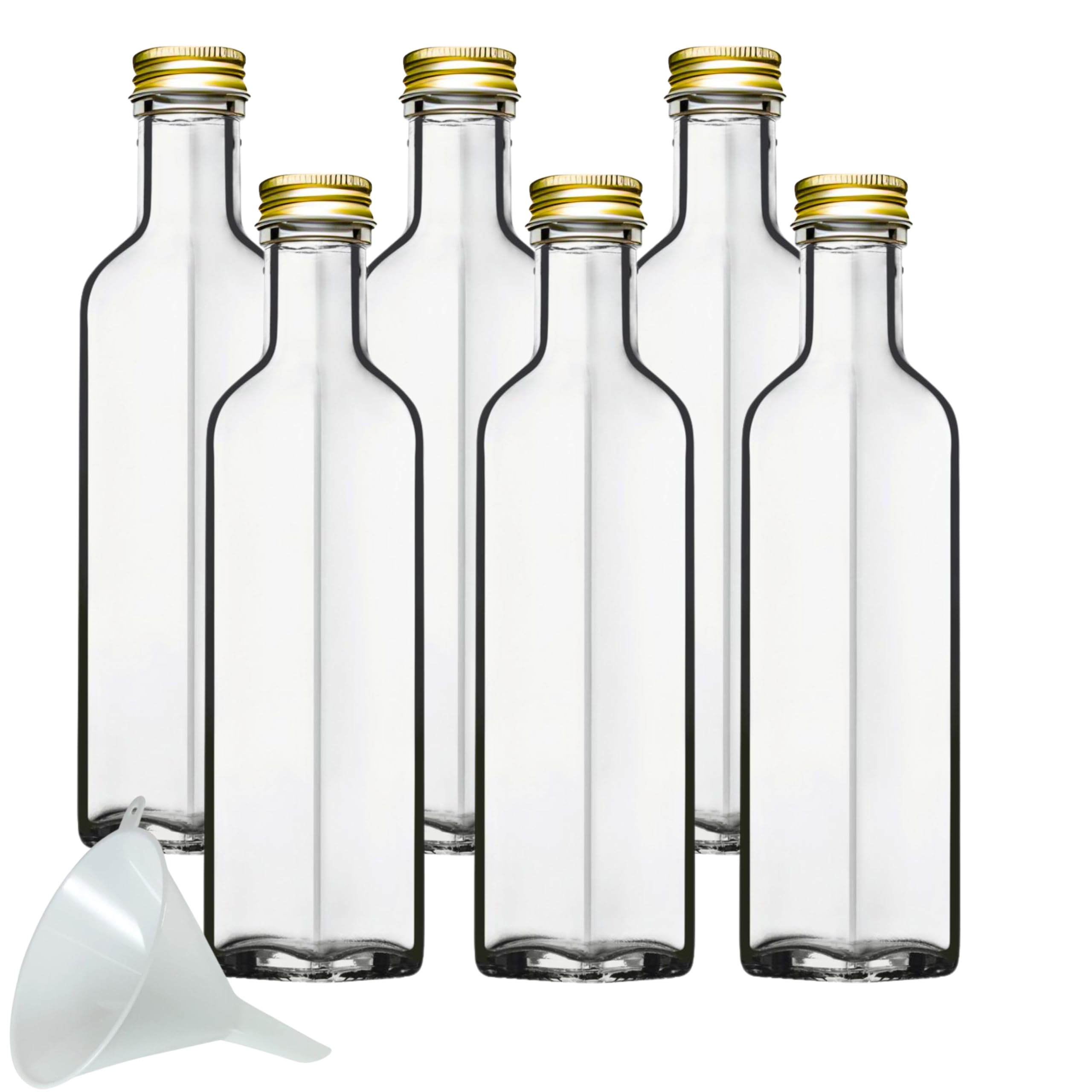 Viva Haushaltswaren Glass Bottles with Screw Tops 250 ml (Pack of 6) and White Funnel (7 cm Diameter)