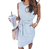 MEROKEETY Women's 2026 Summer Casual Dress Striped Sleeveless Crew Neck Tie Waist Beach Vacation Trendy Short T Shirt Dresses