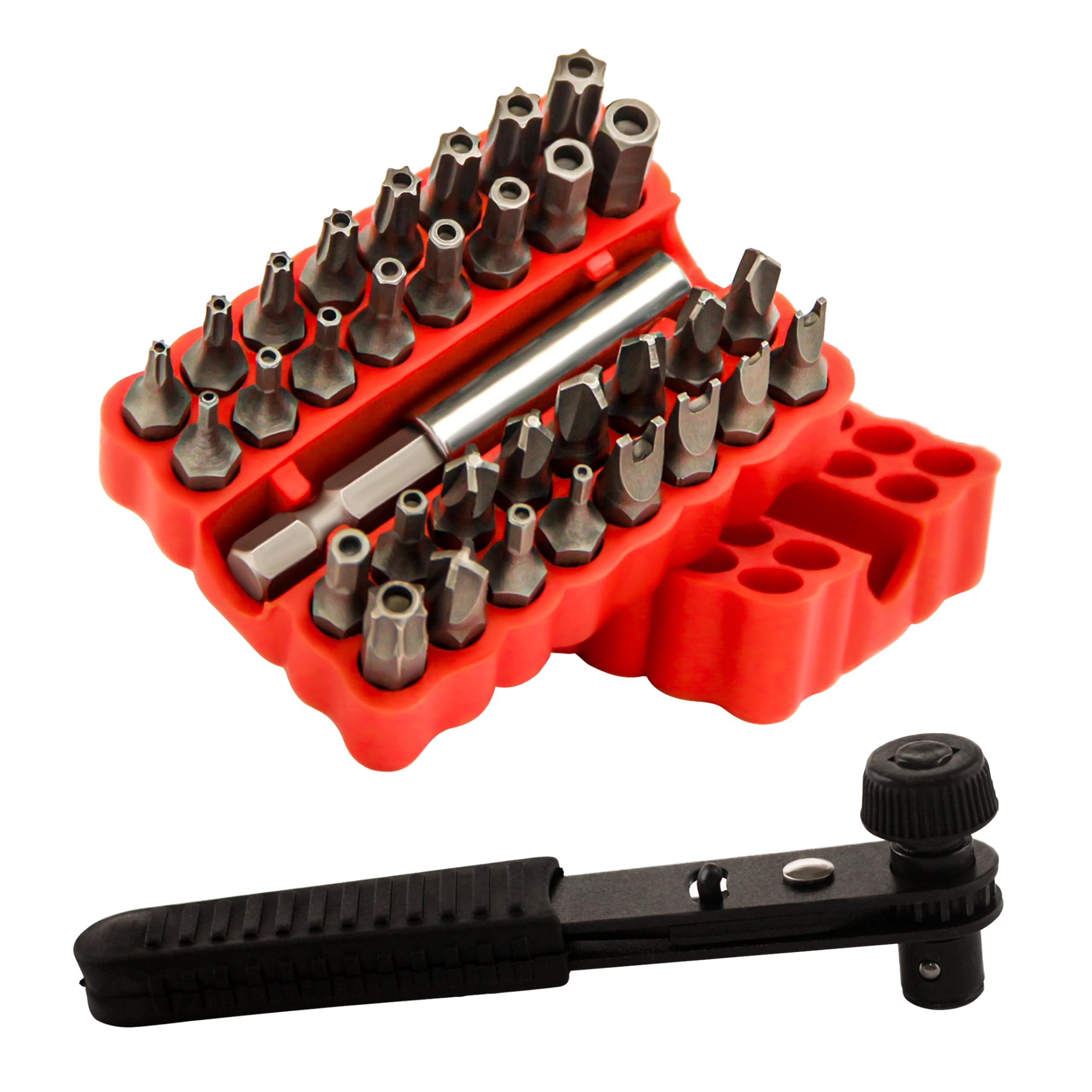 Photo 1 of 34pcs Security Bit Set 1/4 Inch Hex Shank Screwdriver Bit Set,Tamper Proof Bits-Torx+Hex+Tri Wing+Star+Spanner for Torx Security Screwdriver Set,High Hardness Impact Driver Bit Set(Red+BlackRatchet)