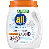 all Laundry Detergent Pacs, Mighty Pacs with OXI Stain Removers and Whiteners, Free Clear, Unscented and Dye Free, 56 Count