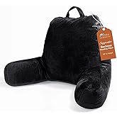 Sasttie Reading Pillow, Velvet Back Pillow for Bed Sitting Up, Adult Back-Rest Support Cushion with Arms for Sit Up on Couch, Sofa, and Floor, Dorm Essentials, Reading Accessories, Black