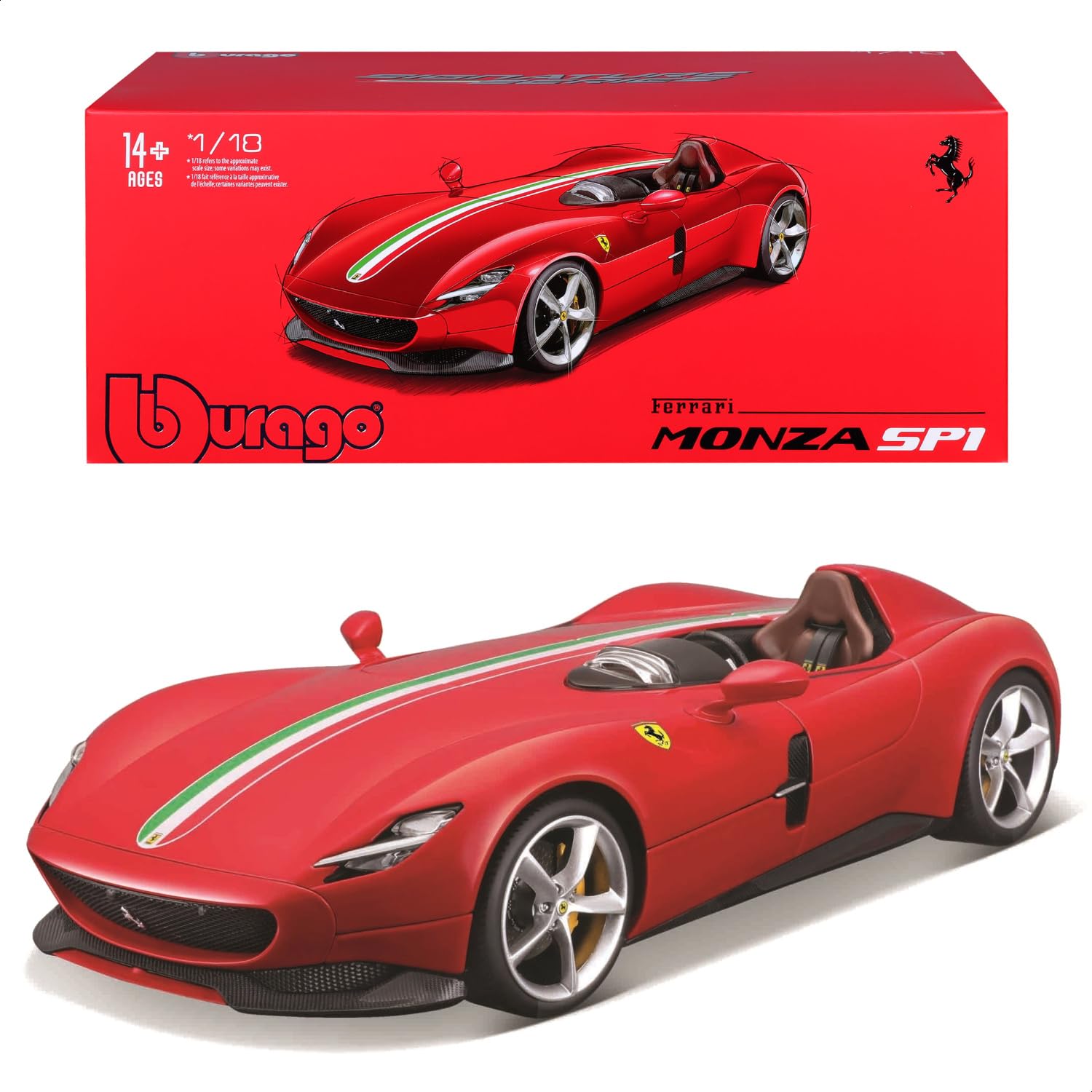 Bburago FERRARI SIGNATURE MONZA SP-1 Super Car – 1:18 Scale – Incredibly Detailed Die-Cast Replica Collectible Model Vehicle, Red