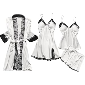 XINGJIAARTS Silk Pajamas For Women Set 4pcs Sexy Plus Size Lingerie Cami Nightgown Shorts with Belted Robe Lounge Sleepwear