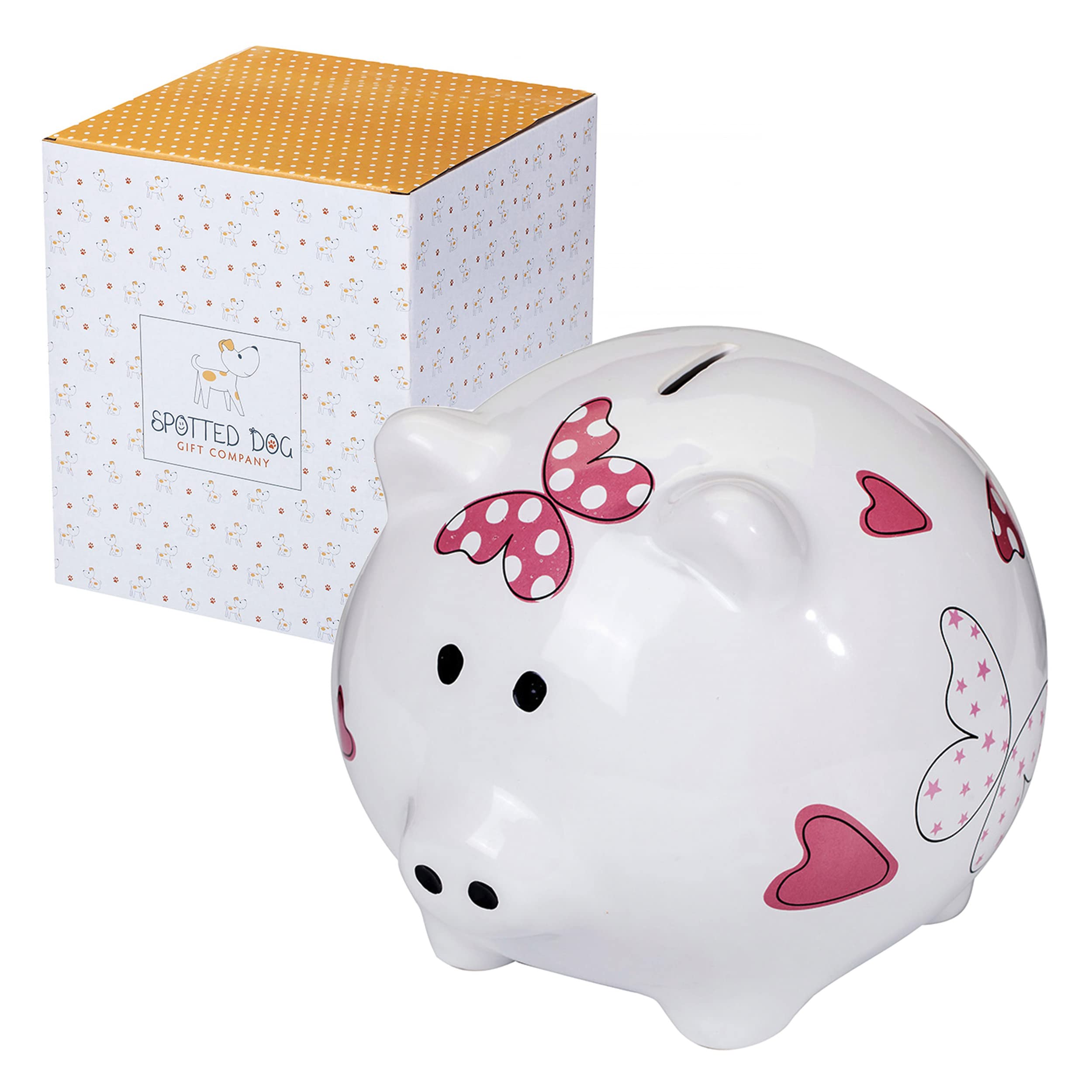 SPOTTED DOG GIFT COMPANY Piggy Bank Money Box for Kids Adults Girls, Large Ceramic Pig Saving Bank for Children, Cute Birthday New Home Gifts (Heart Butterfly)