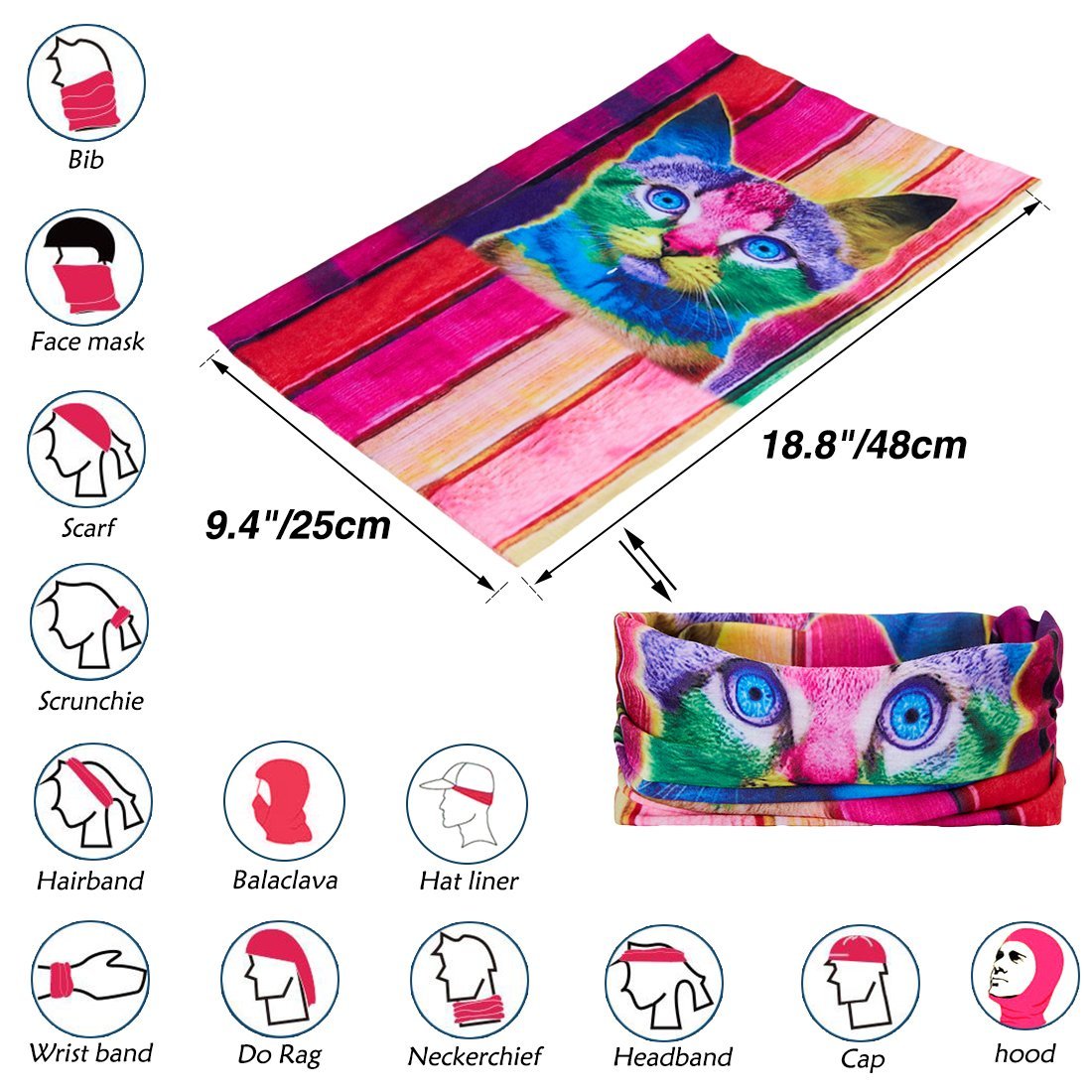 TUONROAD Unisex Animal Print Custom Cooling Headwear Chemo Head Wrap Colorful Rainbow Cute Cat Magic Headband Tubular Multipurpose Festival Neck Face Bandana for Bike Motor Yoga Workout Outdoor Sports