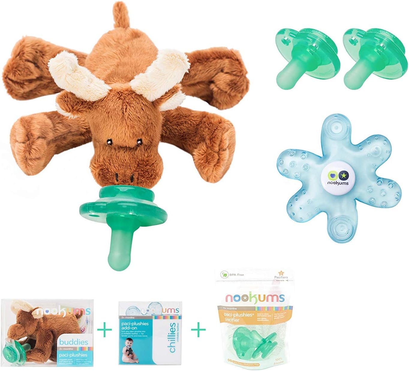 Nookums Paci-Plushies Baby Gift Set - Pacifier Holder, Teether and Replacement Pacifier 2 Pack (Plush Toy Includes Detachable Pacifier, Use with Multiple Brand Name Pacifiers) (Moose)…