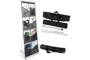 Outus Mesh Literature Brochure Holder with 8 Pocket Portable Magazine Display Roll Up Magazine Rack Lightweight Floor Standing Catalog Office Brochure Display Stand for Business Trade Shows (Black)