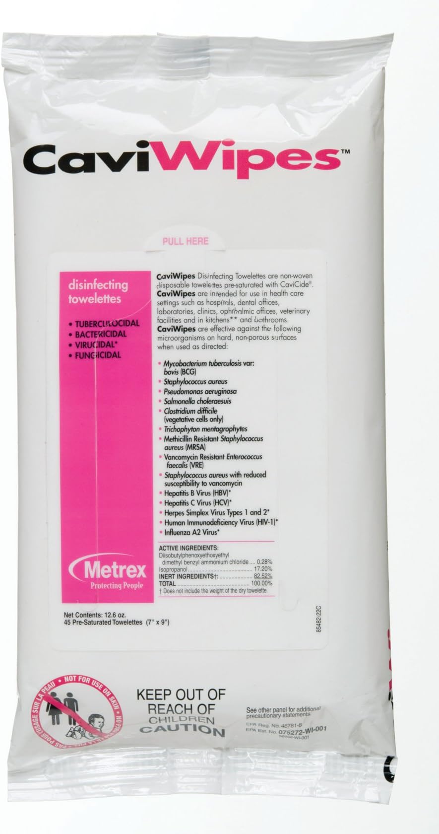 Metrex CaviWipes Disinfectants in a Flat Pack, 45 Wipes/Pack, 20Pks/Cs