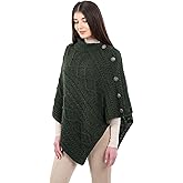 SAOL Wool Women's Poncho with Celtic Buttons Cable Knit Cardigan Cowl Neck Cape