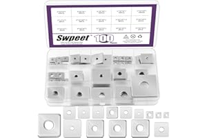 Swpeet 100Pcs 15 Sizes M3 M4 M5 M6 M8 M10 M14 304 Stainless Steel Silver Squares Washer with Round Hole Assortment Kit, Squar