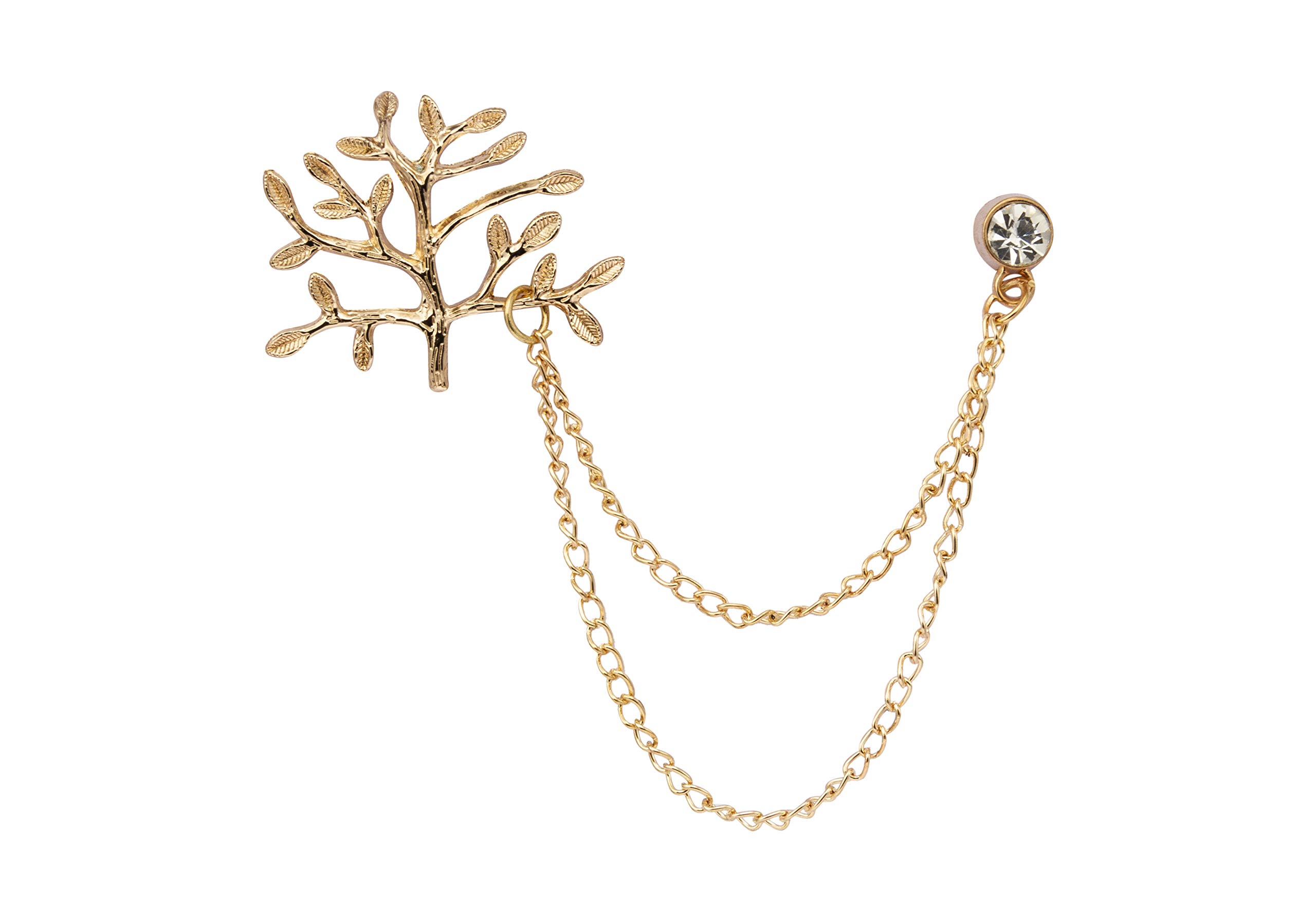 Brooch Lapel Pin for Men Golden Tree with Hanging Chain and Crystal Metal Lapel Pin Badge Coat Suit Wedding Gift Party Shirt Collar Accessories