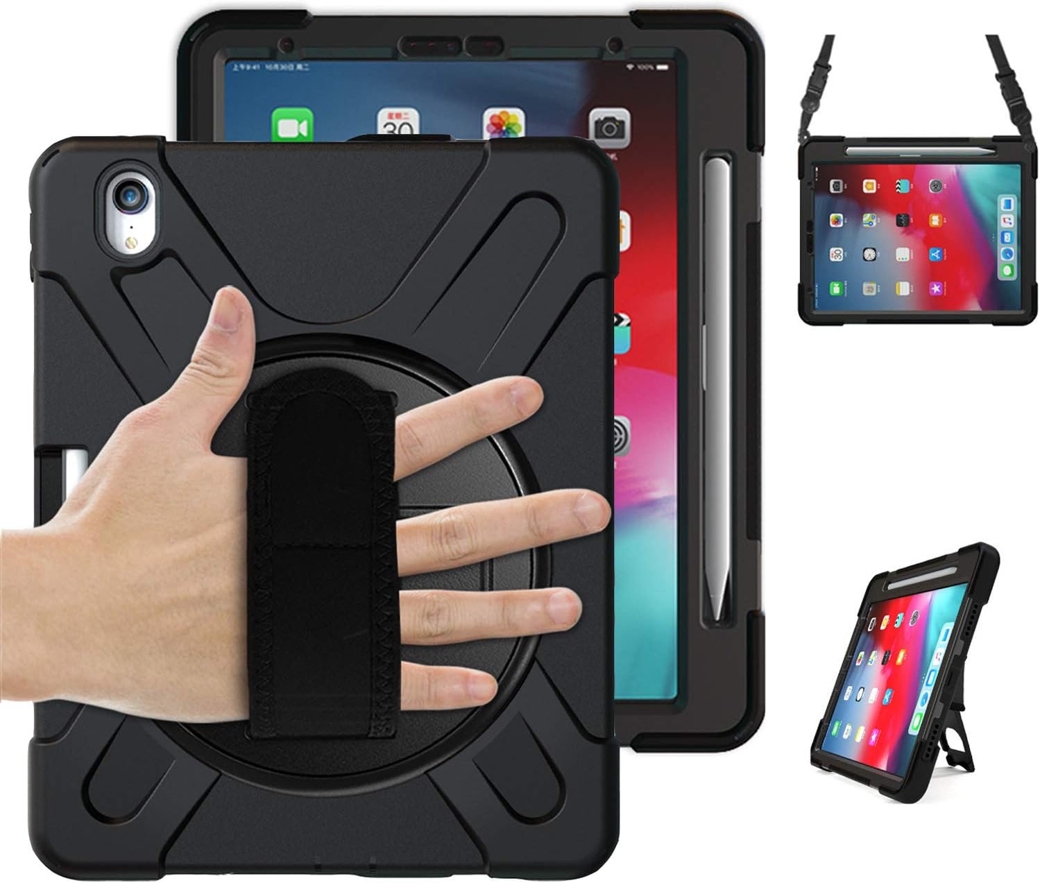 iPad Pro 11 Case 2018 with Pencil Holder, SIBEITU Heavy Duty Shockproof Rugged Protective Case Cover with Hand Strap, Shoulder Grip and Kickstand for iPad Pro 11 inch A1980/A2013/A1934/A1979 Black