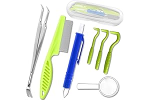 7PCS Tick Remover Tool Set with Storage Box, Stainless Steel Metal Grooming Flea Comb and Tick Tweezers,with Magnifying Glass