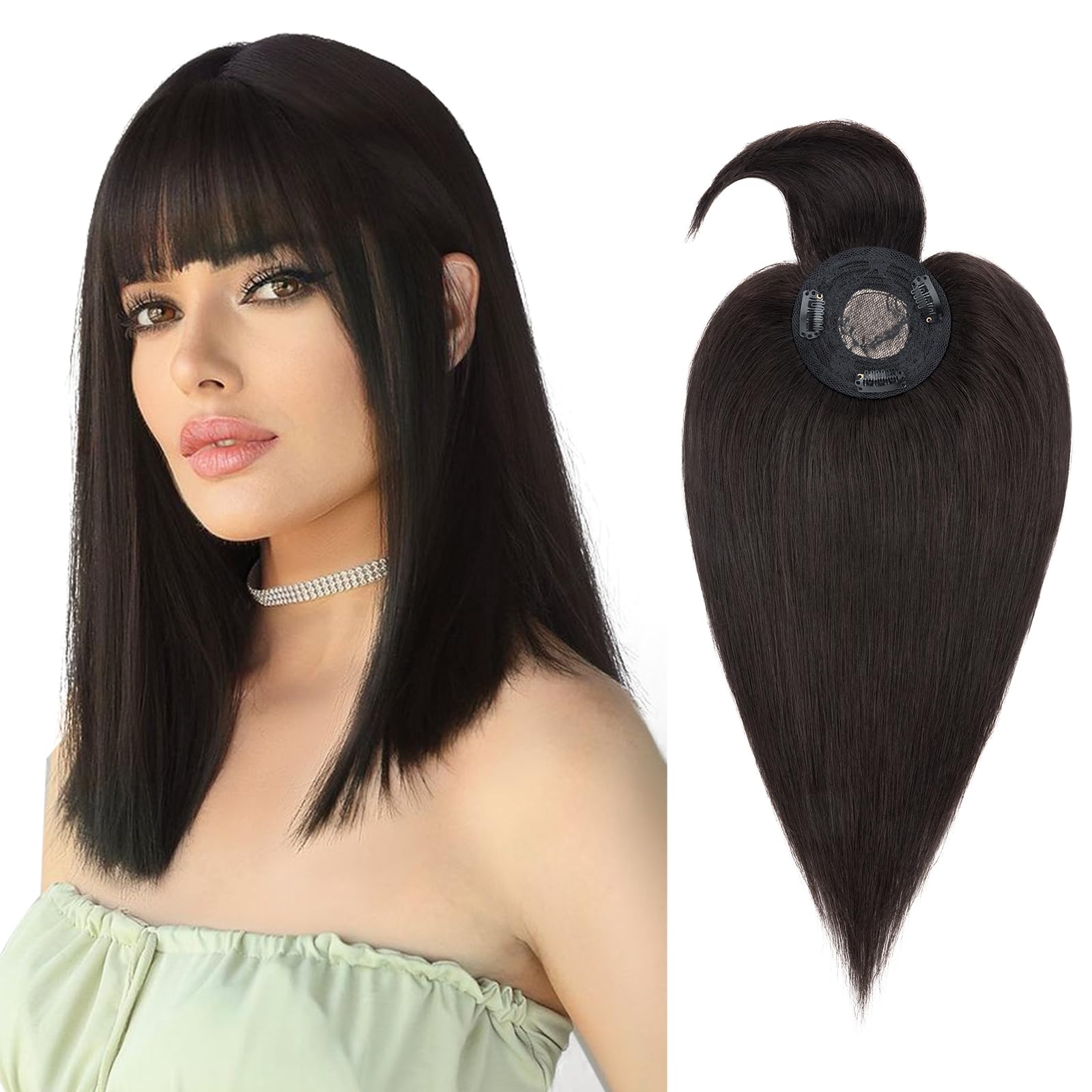Silk-co 12-Inch Hair Topper for Thinning Crown - #1B Natural Black Mono Base 100% Human Extensions With Fringe Clip-in Top Piece