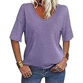 EasyGala Women's V Neck Tops Elbow Length Shirts Loose Fit Summer Tops Basic Tees