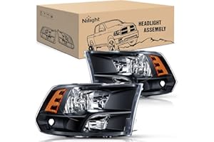 Nilight Headlight Assembly 2009 2010 2011 2012 2013 2014 2015 2016 2017 2018 Ram 1500 2500 3500 Pickup Quad Headlamp Assembly Replacement Black Housing Amber Corner Clear Lens,(Only for Quad Models)