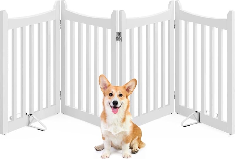 Yaheetech Wooden Dog Gate Indoor 4 Panels 61 cm H x 202 cm L White