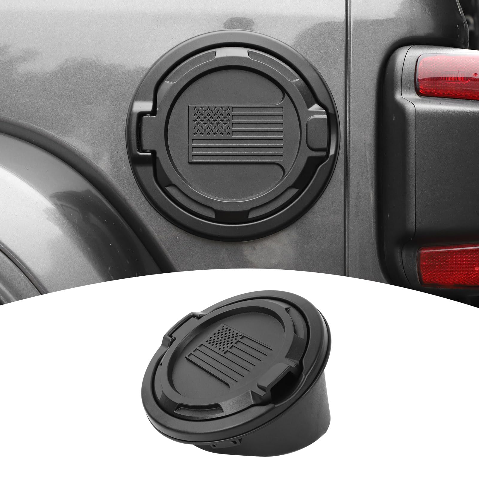 Photo 1 of PDKLIN for Jeep JL Gas Cap Door Cover Aluminum Alloy for Jeep Wrangler JL JLU 2018-Present Black American Flag Design