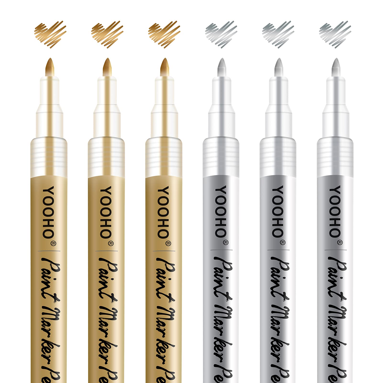 Paint Pen Gold Silver Metallic Permanent Acrylic Markers Set for Fabric Glass Rock Wooden Ceramic Leather Tire Painting, 0.7mm Extra Fine Tip (3pcs Gold+3pcs Silver)
