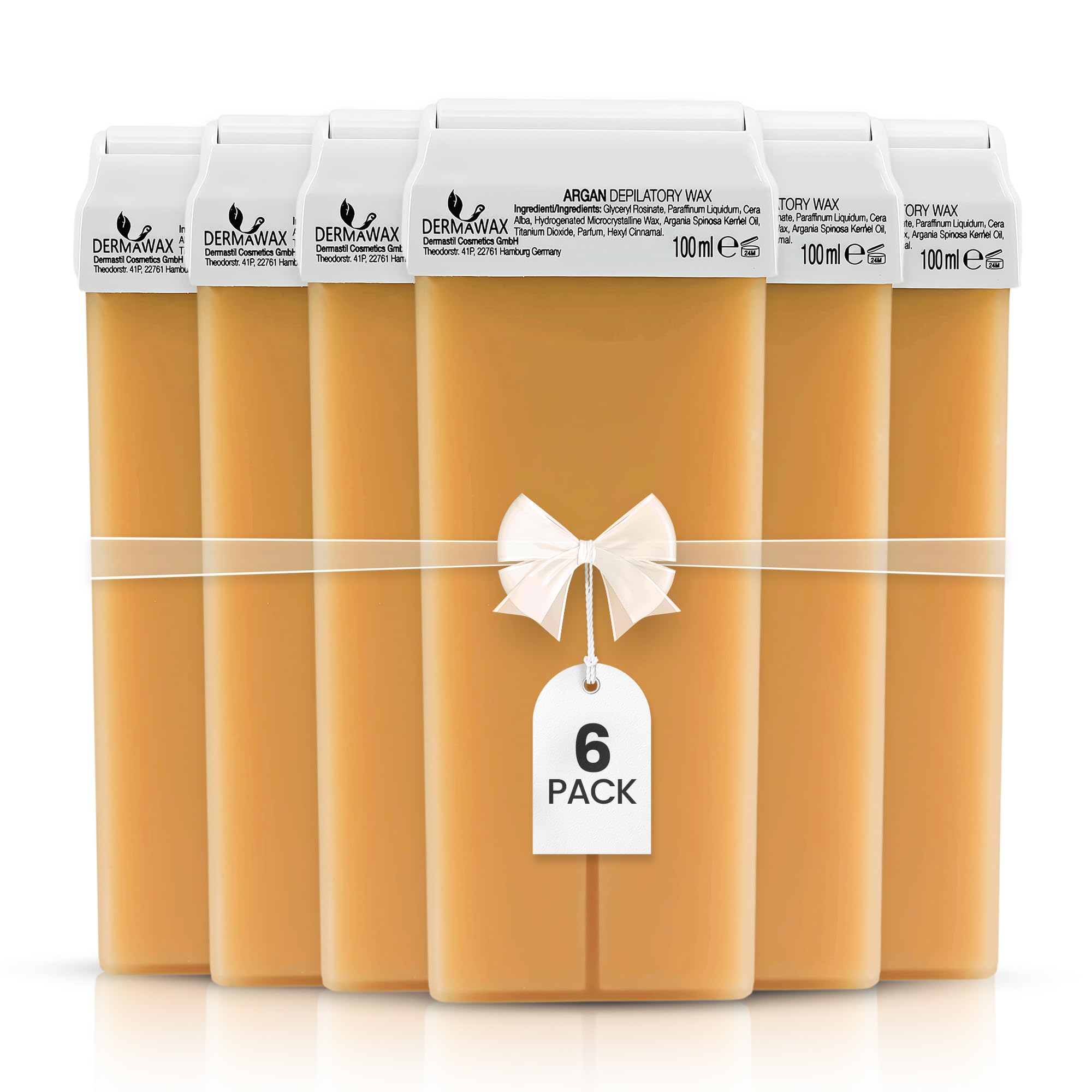 DERMAWAX 6x100ml Argan Roll On Wax Cartridges Refill – Soft Creamy Wax for Sensitive Skin – For Use with Roll-On Wax Heater & Non-Woven Strips (Not Included) – Legs, Arms, Underarms, Chest & Back