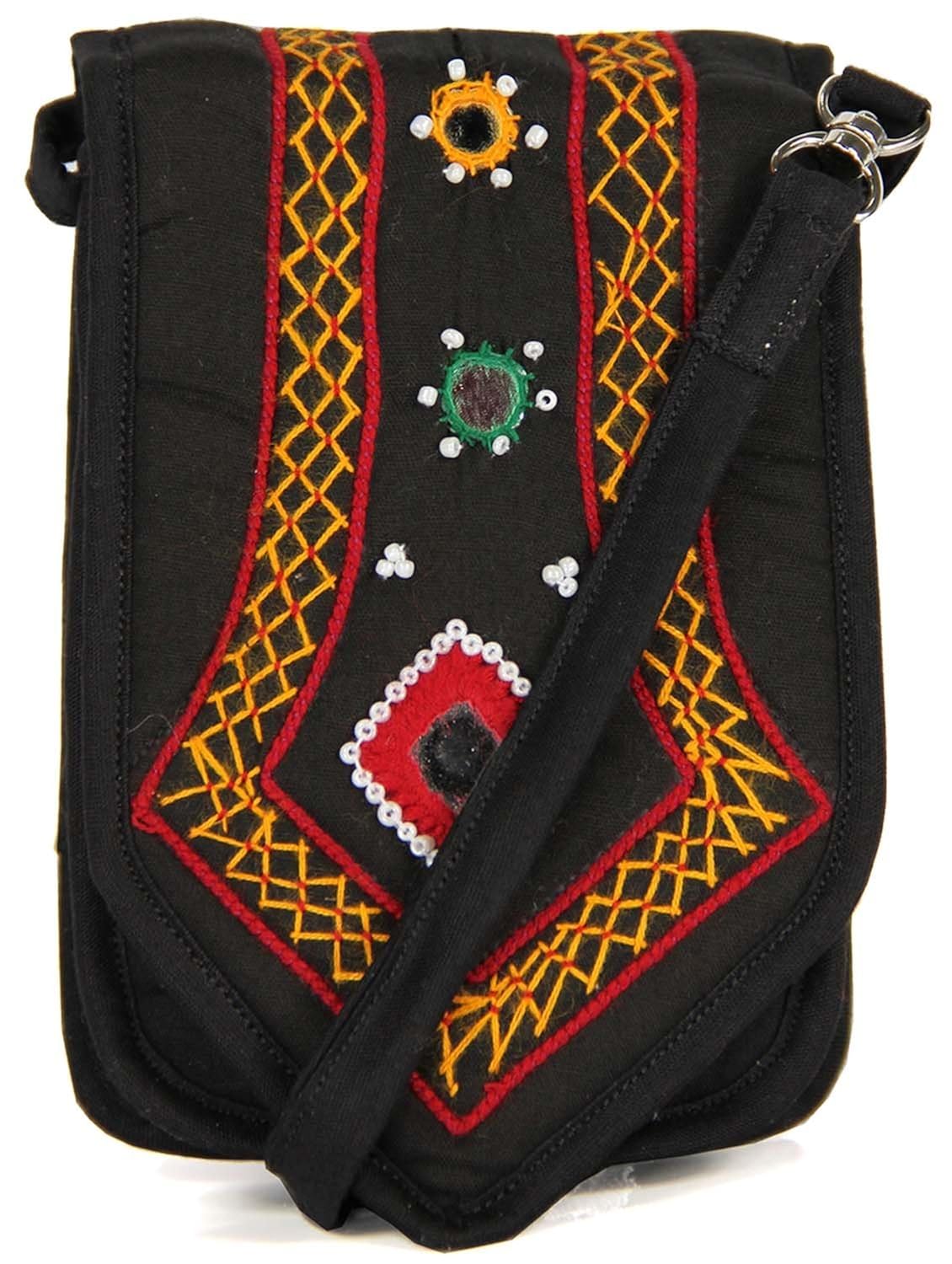 womens cottage handmade black cotton patch work mobile pouch for womens/girls