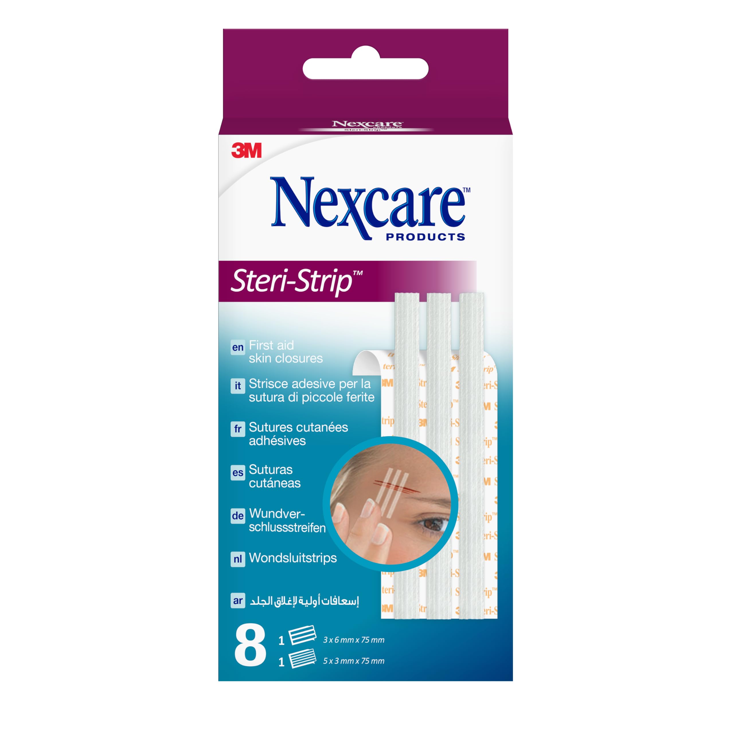Nexcare Steri-Strip Skin Closures, Assorted Sizes, 8 Plasters per Pack, Suitable for Securing and Closing Small Cuts and Wounds, for First Aid Kits