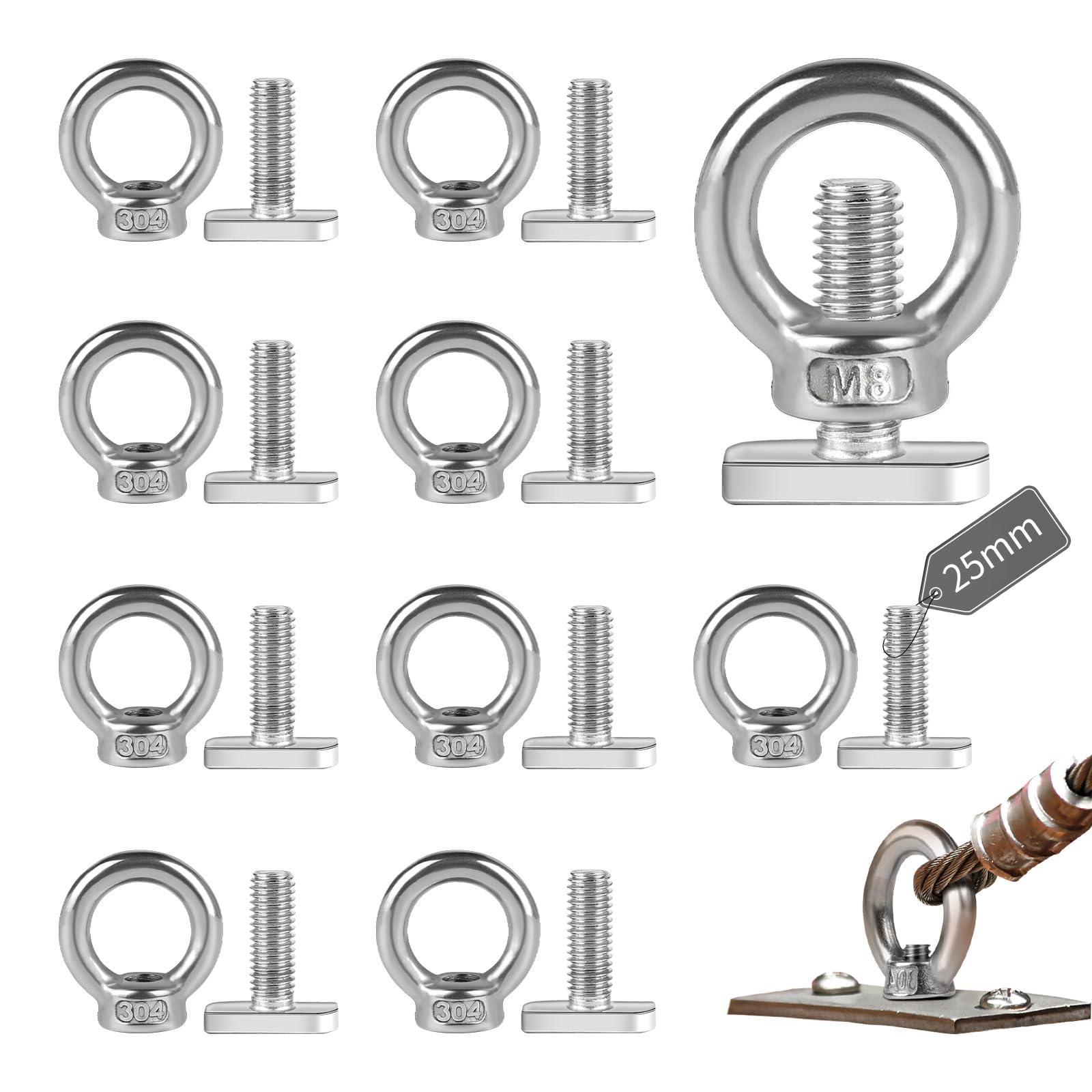 EXLECO Pack of 10 M8 Ring Nuts M8 x 25 mm Hammer Head Screws Stainless Steel Eye Bolts Eye Screw Eyelets Stainless Steel Eye Nut Plant Holder Lashing Eyelets for Trailers Greenhouse Cucumbers Trellis