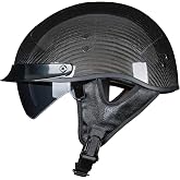 VCOROS Carbon Fiber Open Face Retro Motorcycle Half Helmet DOT | Designed for cruiser riding with sun visor, lightweight carbon fiber shell, EPS, removable washable liner (Gloss Black, L)