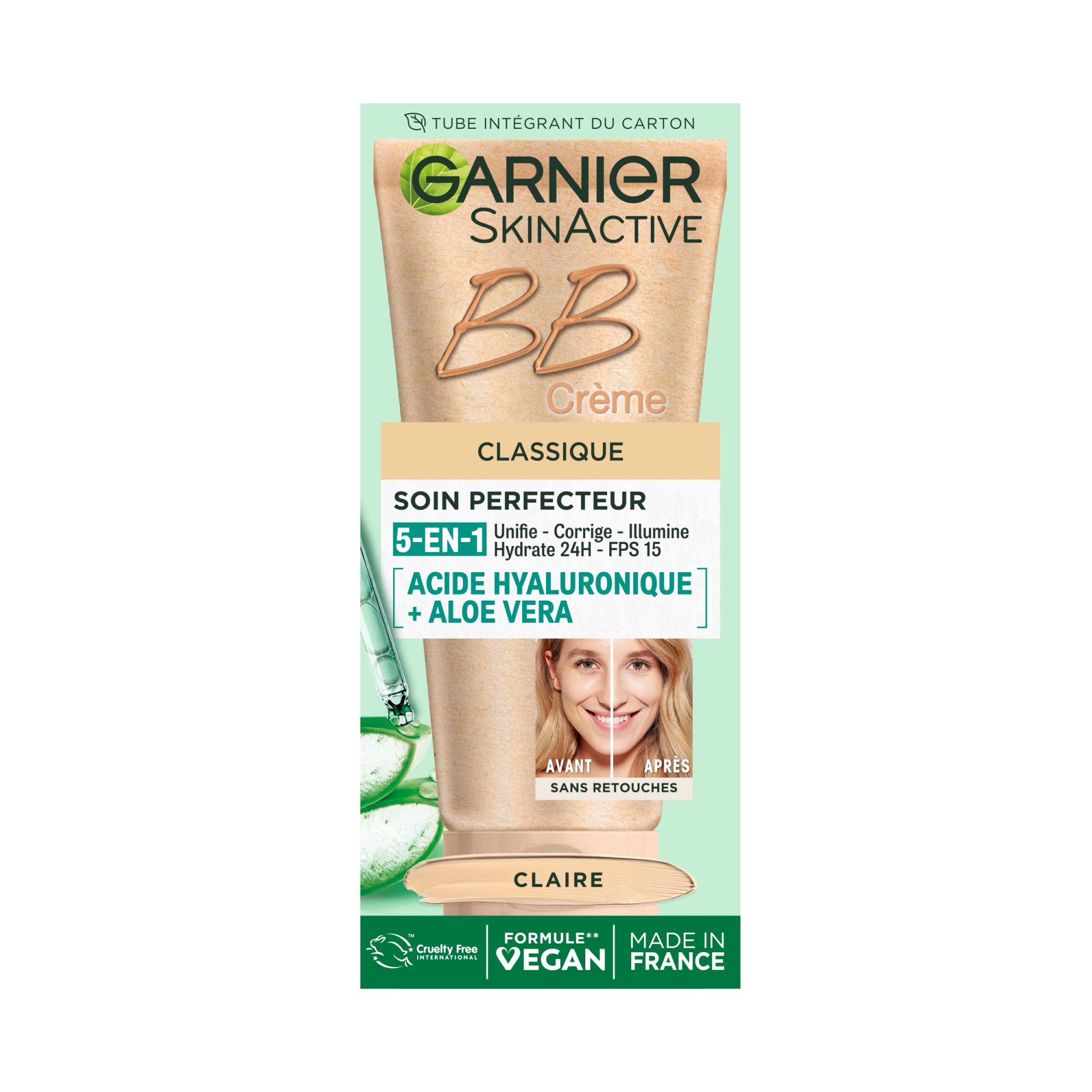 GARNIER Skin Active - BB Cream - All-in-1 Perfecting Care - Evens, Matifies & Hydrates - SPF 25 - Hyaluronic Acid & Aloe Vera - Vegan & Cruelty Free - Combination to Oily Skin - Light Tint - 50 ml