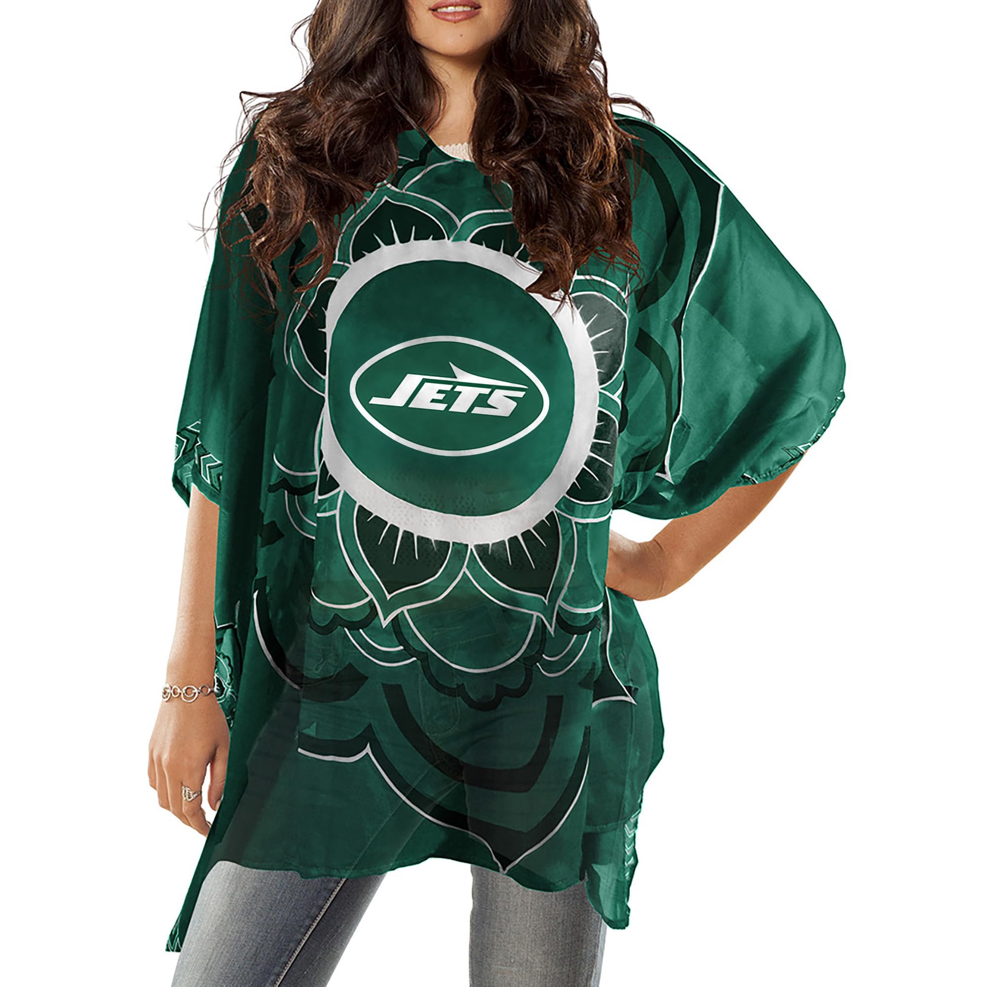 Littlearth Womens NFL New York Jets Sheer Caftan with Flower Design, Team Color, One Size Image