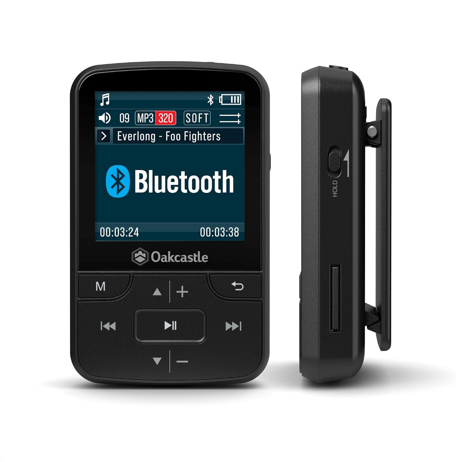 Oakcastle MP100 8GB MP3-Player mit Bluetooth, Radio und langlebigem Akku, zum Joggen, für den Sport, im Auto, kompatible SD-Karten - 32 GB, 64 GB, 128 GB, inklusive Kopfhörer mit Kabel