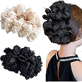 Elegant Chiffon Silk Hair Claw Clips, Large Bubble Design with Lace Detail, Black and Beige, French Barrette Style, 2 Pack