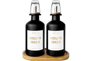 11.8oz/350ml Glass Mouthwash Dispenser for Bathroom – Stainless Steel Pump and Bamboo Tray, Includes Reusable Mouthwash Cup a