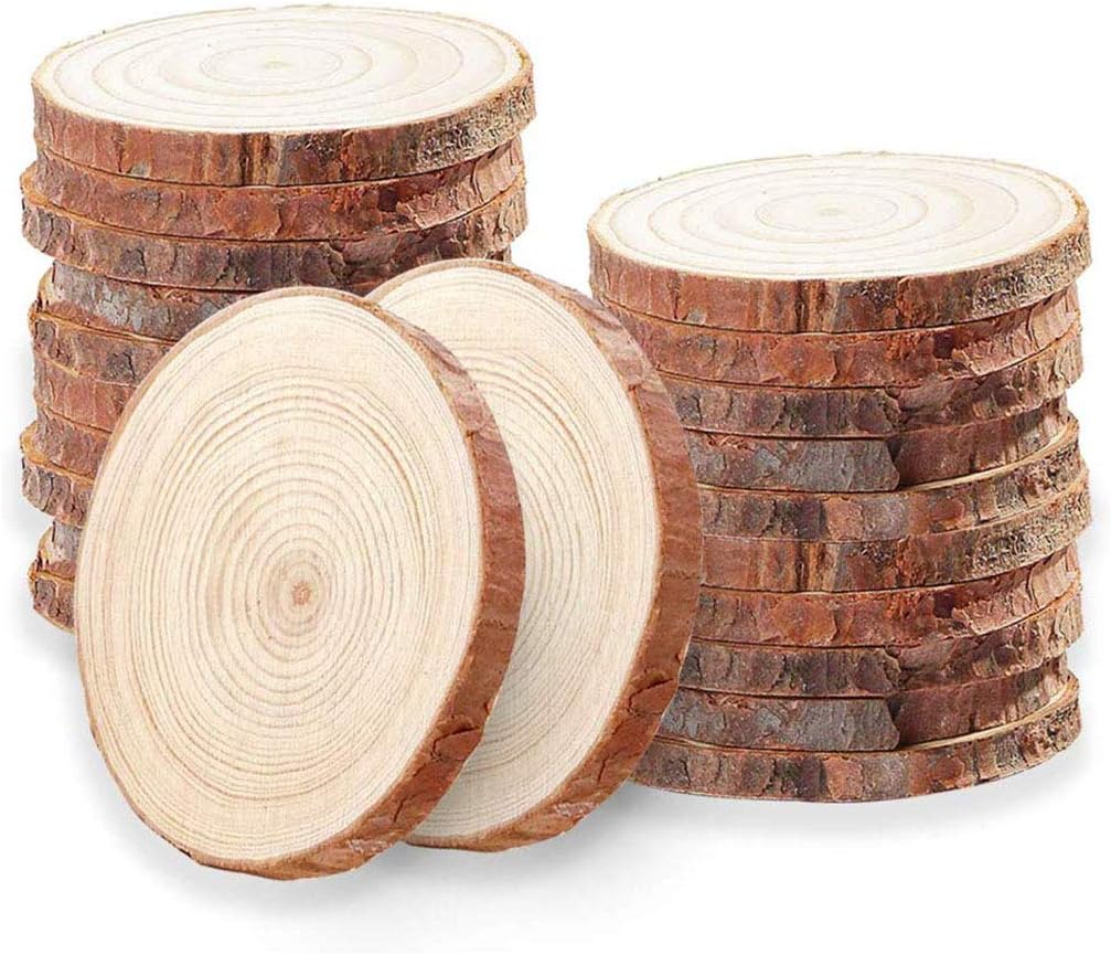 Xinxin Unfinished Natural Wood Slices 20 Pcs 3.5-4.0 inch with Tree Bark Log Discs for Rustic Wedding Centerpiece Disc Coasters Christmas Ornaments DIY