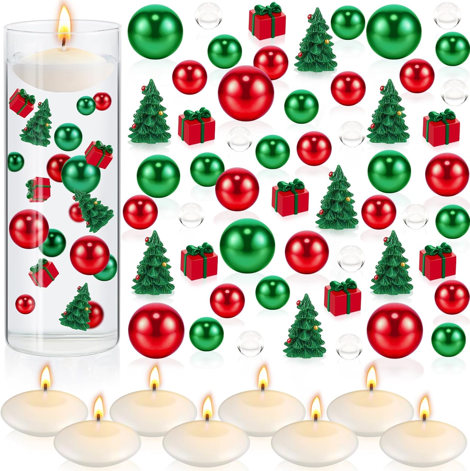 Vase Fillers - MTLEE 2124 Pieces Christmas Vase Filler Pearls for Vase Filler Christmas Table Decor Floating Candles Centerpiece with 8 Floating Candles for Christmas Dinning Table Party Festival Decor (Tree, Box)