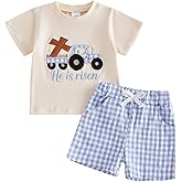 Pergag Baby Boy Easter Outfit Truck Cross Embroidery Crewneck Short Sleeve T Shirt Plaid Shorts Set Toddler Spring Clothes