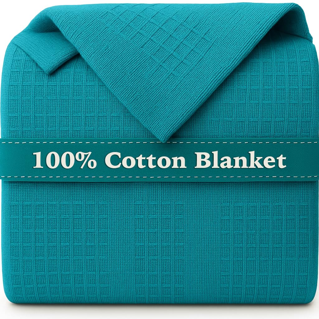 Photo 1 of 100% Cotton Blanket Twin Size 66x90 - Lightweight Breathable Waffle Weave Thermal Throw for Bed, Sofa & Couch - Soft Cozy, Durable Summer Bedding, All Season Comfort for Home, Travel & Camping, (Teal)