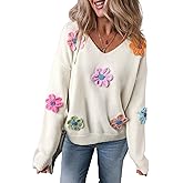 Ecosunny Sweaters for Women 2024 Long Sleeve V Neck Crochet Flower Sweater Pullover Tops Trendy Knit
