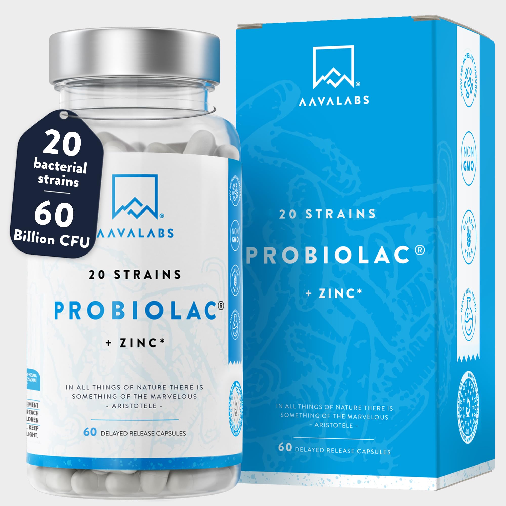 Bio Cultures Complex [ 30-60 Billion CFU ] by Aavalabs - 20 Bacterial Cultures Per Serving - Including Lactobacillus Reuteri, Lactobacillus Gasseri, Lactobacillus Acidophilus - with Zinc and Inulin