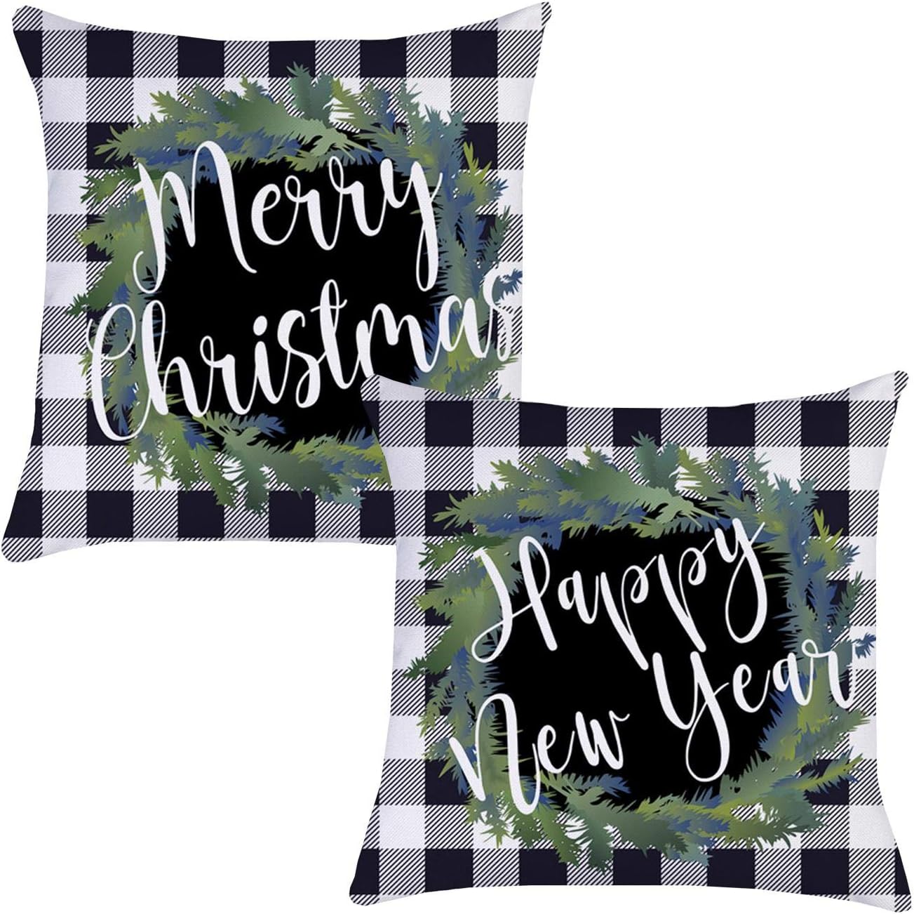 Munzong Merry Christmas&Happy New Year Buffalo Check Plaid Wreath Farmhouse Winter Throw Pillow Covers 18x18 White Black, Set of 2 Linen Outdoor Winter Square Cushion Case for Sofa Couch Home Decor
