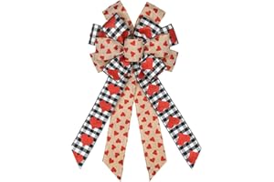 Hying Large Valentine's Day Bows for Wreath, Valentines Wreath Bows Black White Buffalo Plaid Bows Glitter Red Heart Bow Natural Burlap Tree Topper Bows for Front Door Party Valentines Decorations