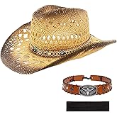Men's Women's Western Straw Cowboy Hat, Cowgirl Sun Beach Hat with Two Decorative Bands and a Hair Band, Wide Brim Brown