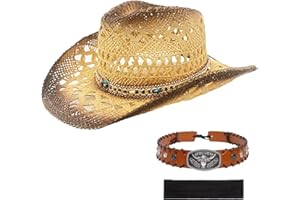 JIANGLAI Men's Women's Western Straw Cowboy Hat, Cowgirl Sun Beach Hat with Two Decorative Bands and a Hair Band, Wide Brim Brown