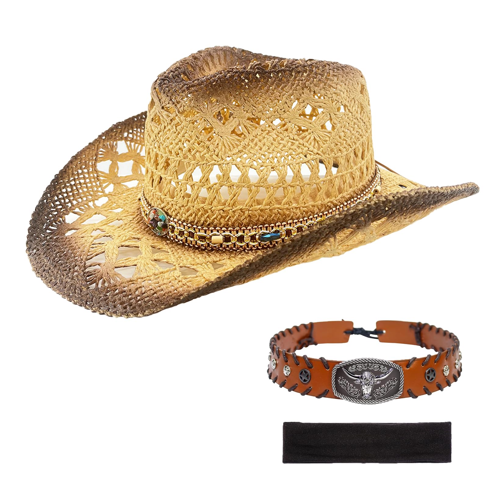 Photo 1 of ***(MISSING ACCESSORIES)*** Men's Women's Western Straw Cowboy Hat, Cowgirl Sun Beach Hat with Two Decorative Bands and a Hair Band, Wide Brim Brown