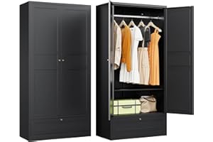 SISESOL Metal Wardrobe Cabinet with Drawer,Armoire Wardrobe Closet with Doors,Black Metal Clothing Storage Cabinet with Adjustable Shelves and Hanging Rod for Home,Bedroom Armoires