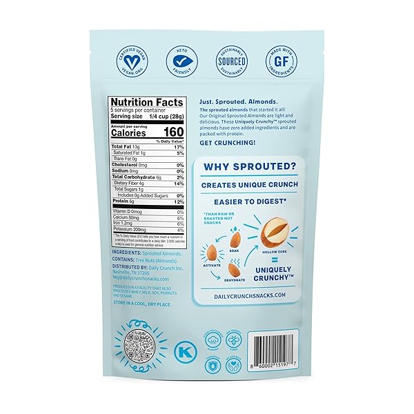 DAILY CRUNCH SPROUTED ALMONDS – 5 OUNCE BAGS (ORIGINAL SPROUTED, SINGLE BAG – 5 OUNCES)